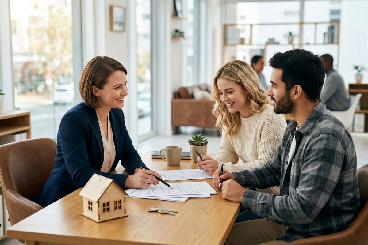 Mortgage consultant explaining documents to a young couple