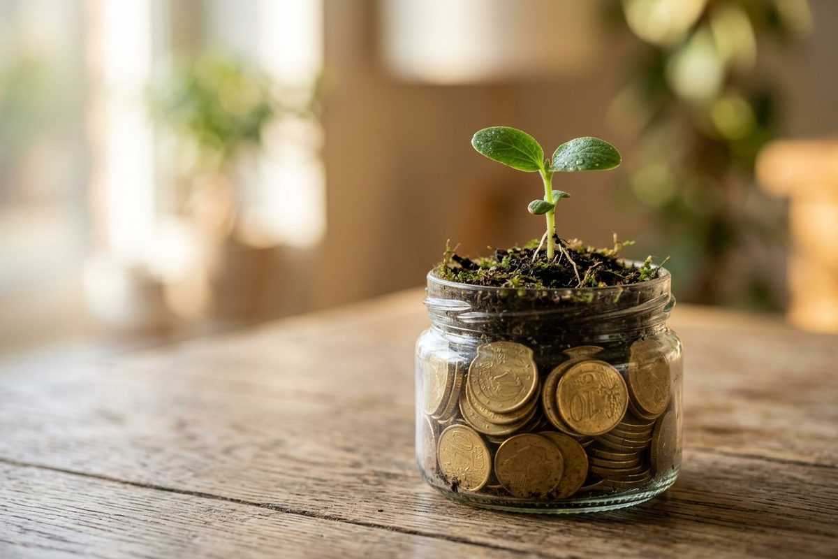Green seedling sprouting from a jar of coins