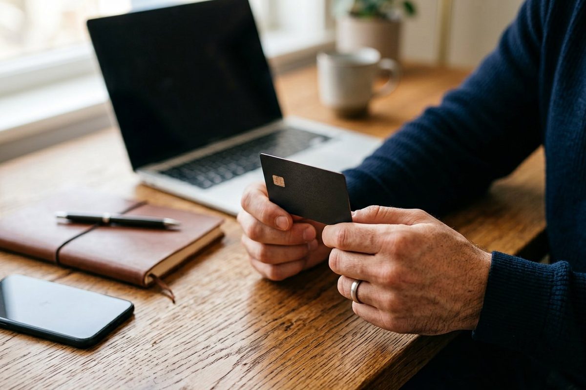 Hands holding a credit card beside a laptop and notebook