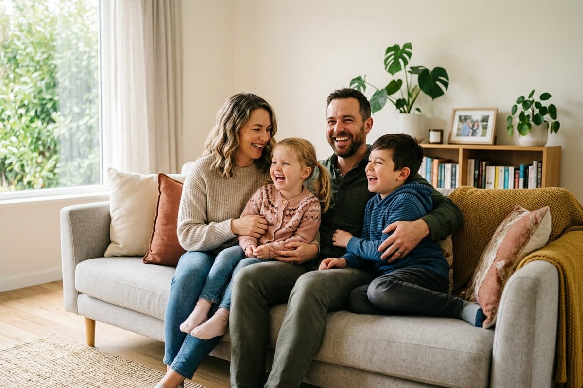 Happy family laughing together on their living room sofa