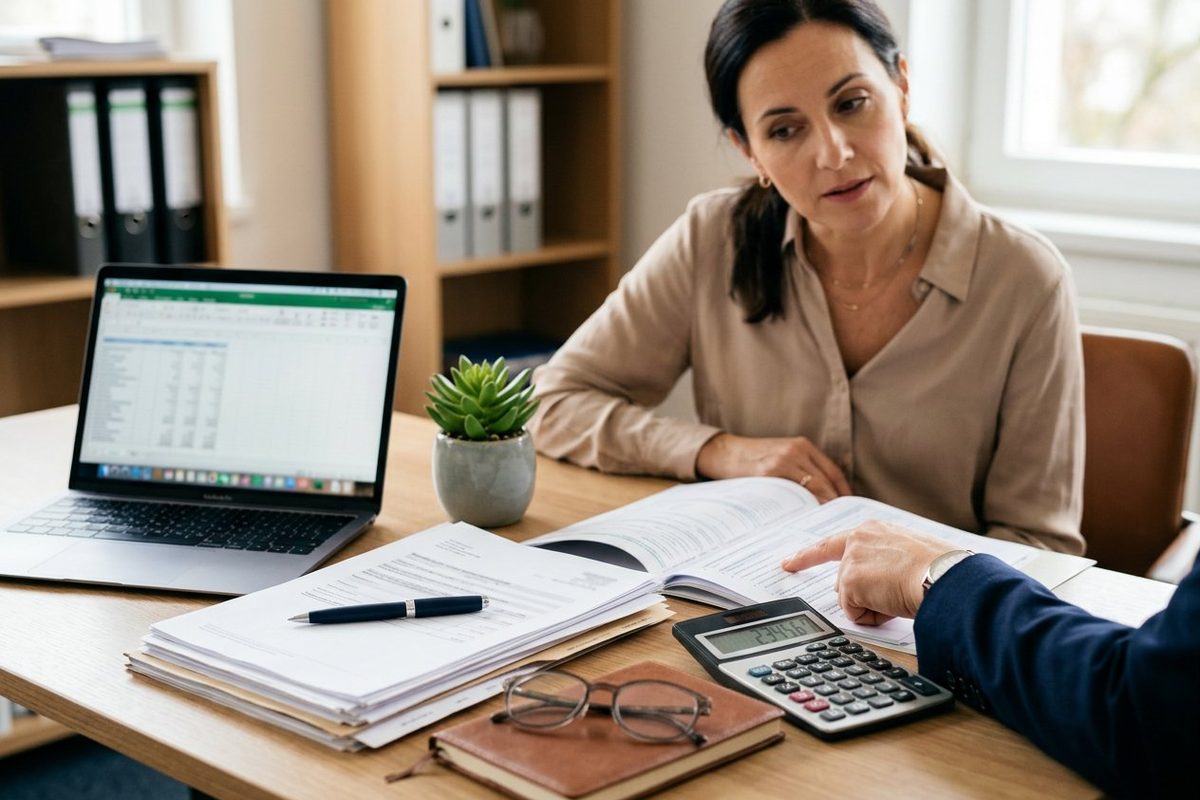 Tax advisor reviewing paperwork and a calculator with a client